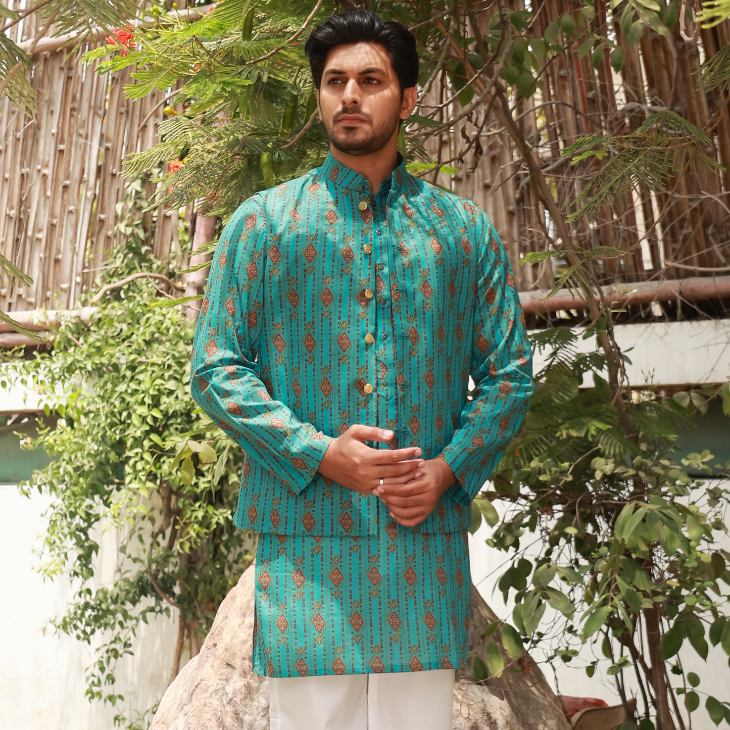 Men's Turquoise Pure Cotton Linen Kurta Set with Waistcoat & Wide Leg Trouser
