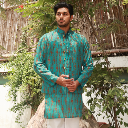 Men's Turquoise Pure Cotton Linen Kurta Set with Waistcoat & Wide Leg Trouser
