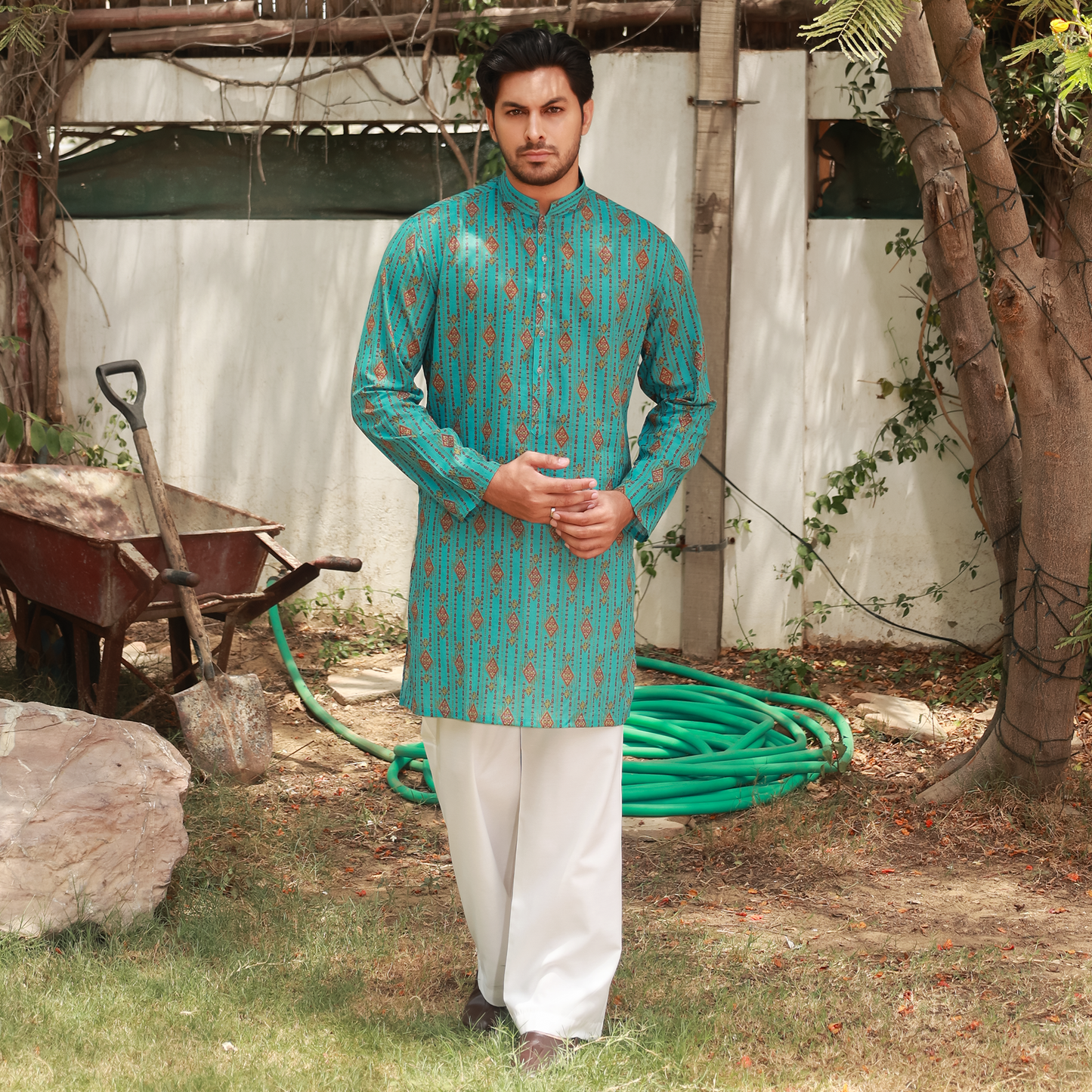Men's Turquoise Pure Cotton Linen Kurta Set with Waistcoat & Wide Leg Trouser