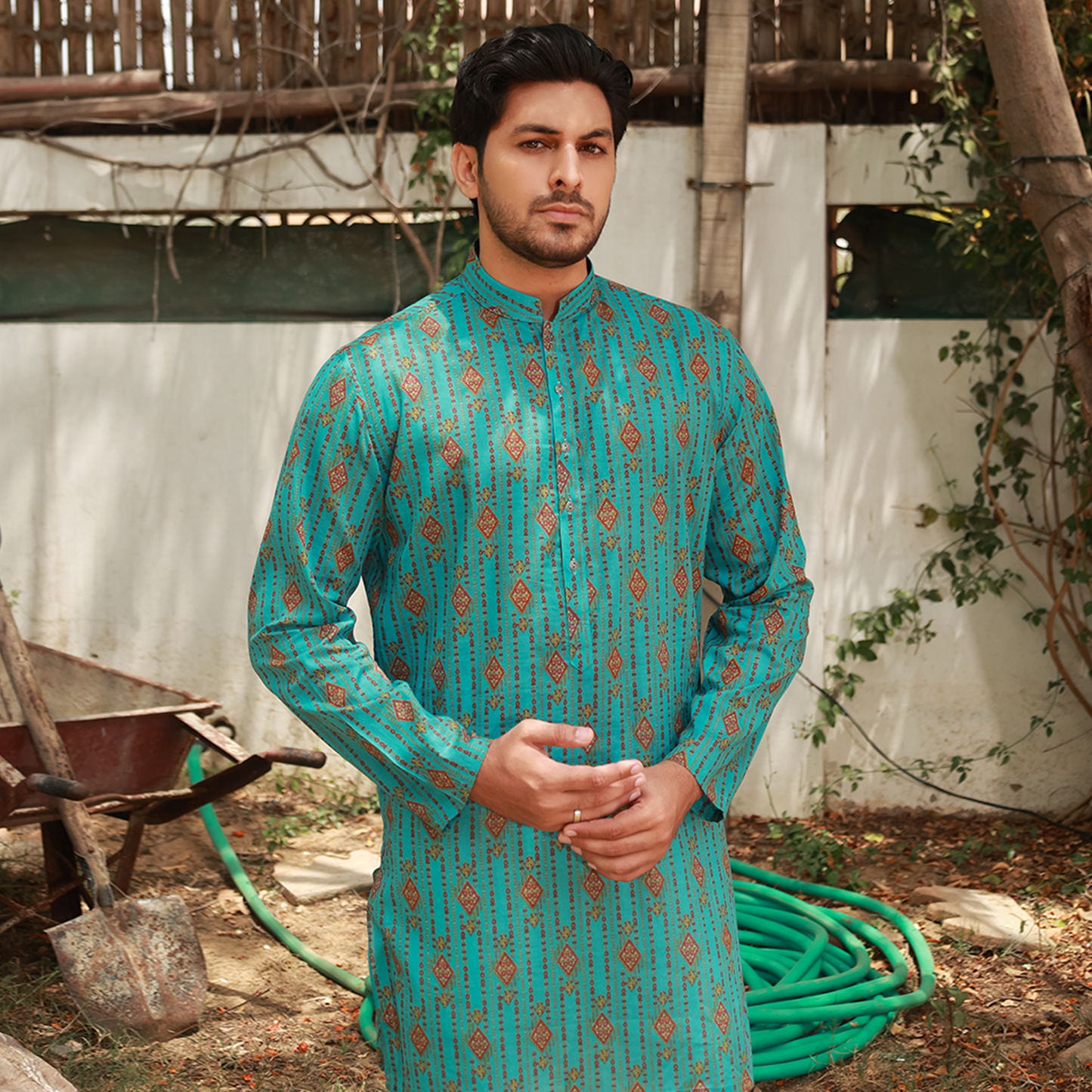 Men's Turquoise Pure Cotton Linen Kurta Set with Waistcoat & Wide Leg Trouser