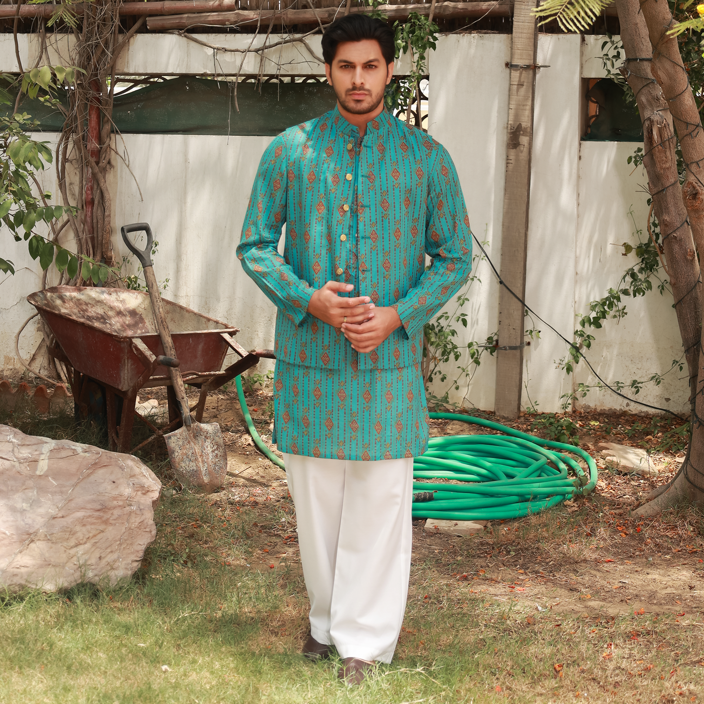 Men's Turquoise Pure Cotton Linen Kurta Set with Waistcoat & Wide Leg Trouser