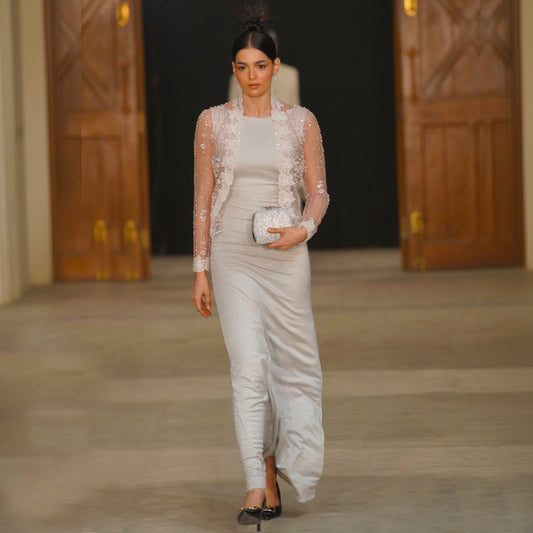 Moonlight Satin Evening Gown with Embroidered Pastel Jacket