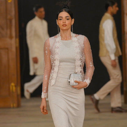 Moonlight Satin Evening Gown with Embroidered Pastel Jacket