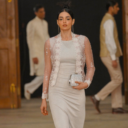 Moonlight Satin Evening Gown with Embroidered Pastel Jacket