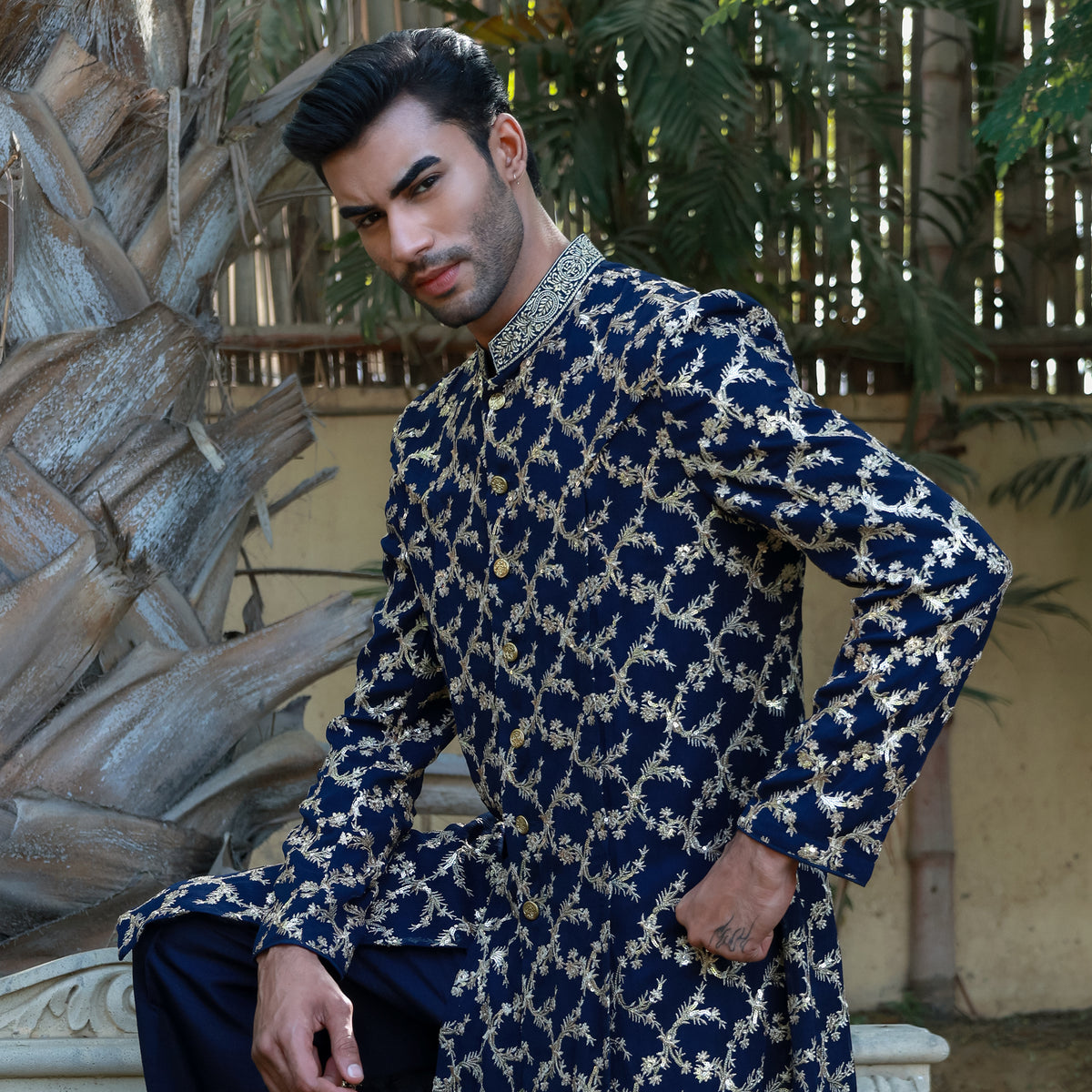 Navy Blue Sherwani Style Front Open Kurta Set