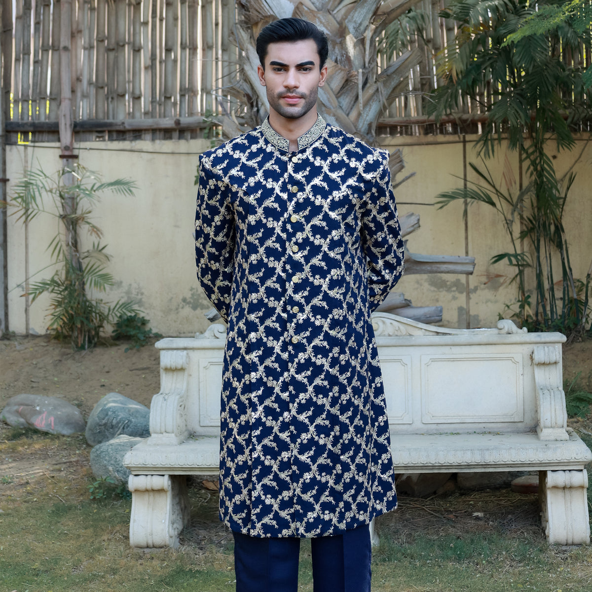 Navy Blue Sherwani Style Front Open Kurta Set