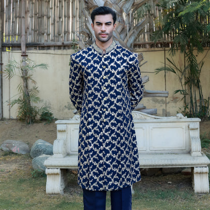 Navy Blue Sherwani Style Front Open Kurta Set