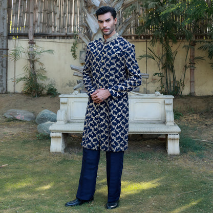 Navy Blue Sherwani Style Front Open Kurta Set