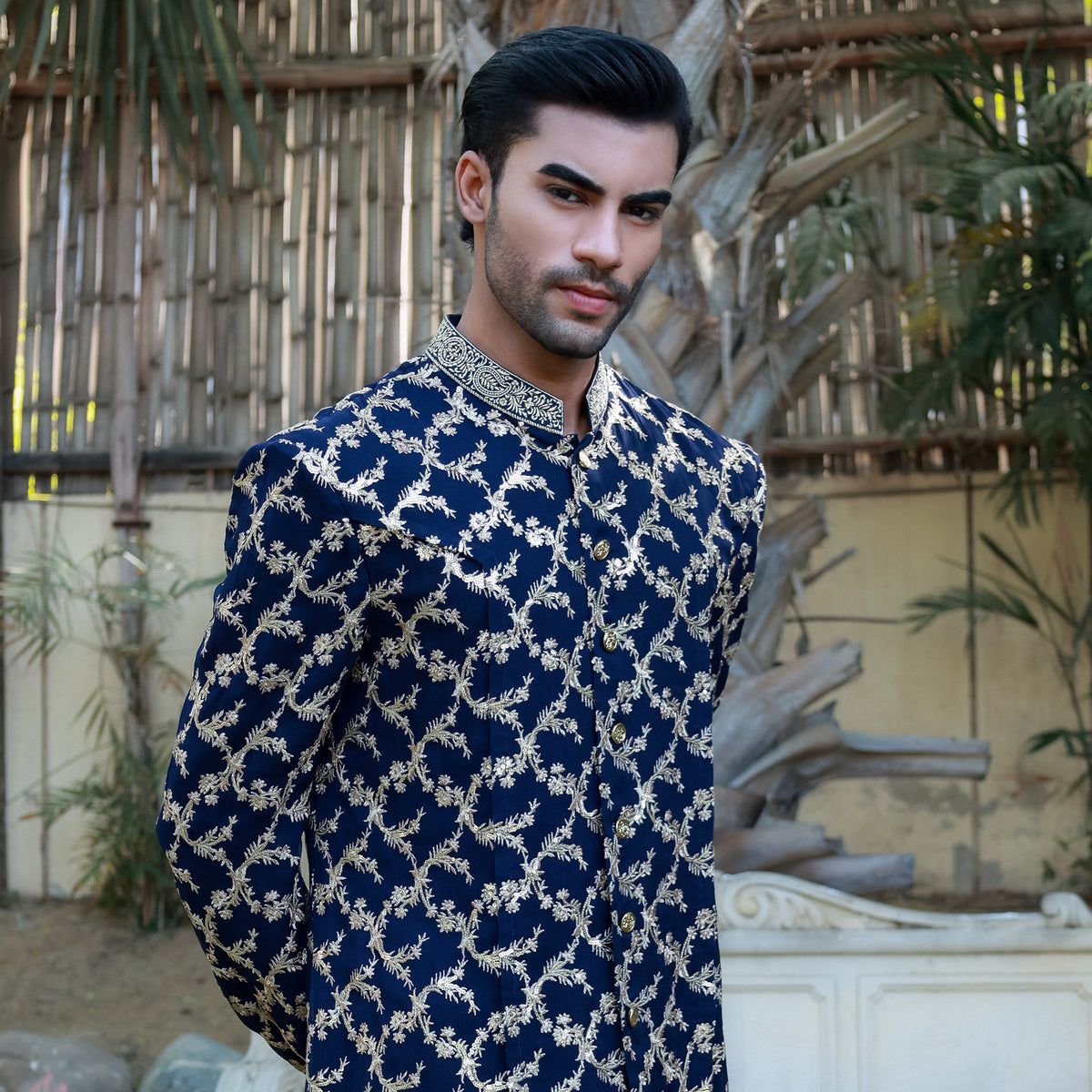Navy Blue Sherwani Style Front Open Kurta Set