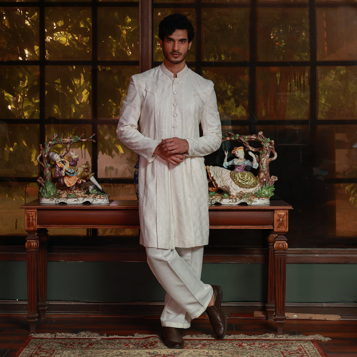 OFF White Sherwani Style Front Open Kurta Set
