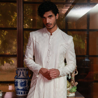 OFF White Sherwani Style Front Open Kurta Set