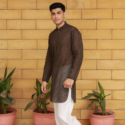 Olive Cotton Linen Printed Kurta with Wide Leg Trouser