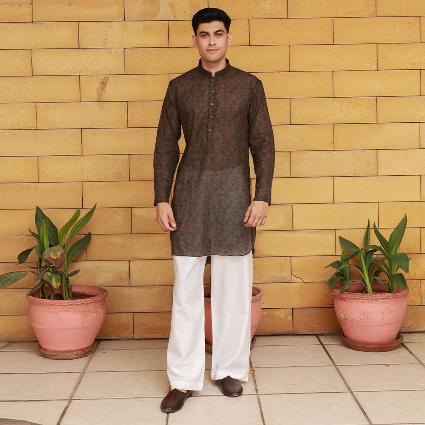 Olive Cotton Linen Printed Kurta with Wide Leg Trouser