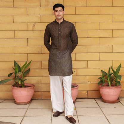 Olive Cotton Linen Printed Kurta with Wide Leg Trouser