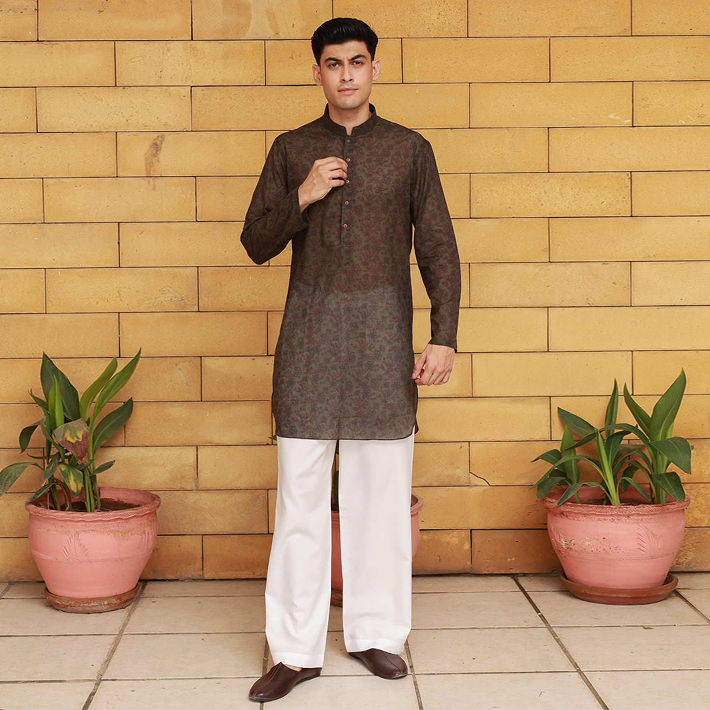 Olive Cotton Linen Printed Kurta with Wide Leg Trouser