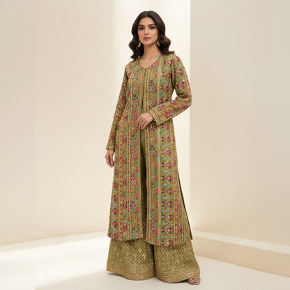 Olive Green Open-Front Emb Chiffon Jacket 2 Pc