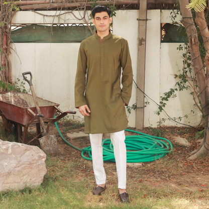 Olive Green Schiffli Cotton Slim Fit Kurta