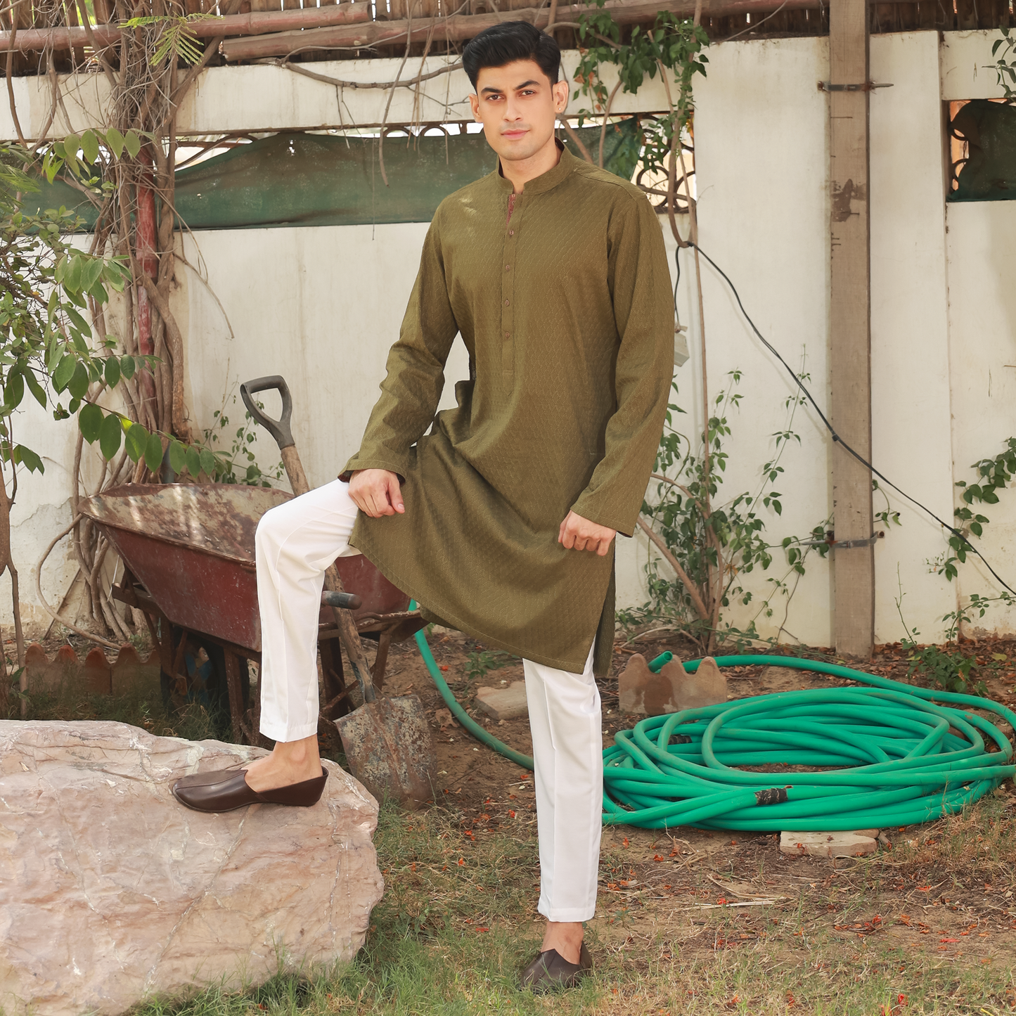 Olive Green Schiffli Cotton Slim Fit Kurta
