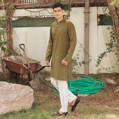 Olive Green Schiffli Cotton Slim Fit Kurta