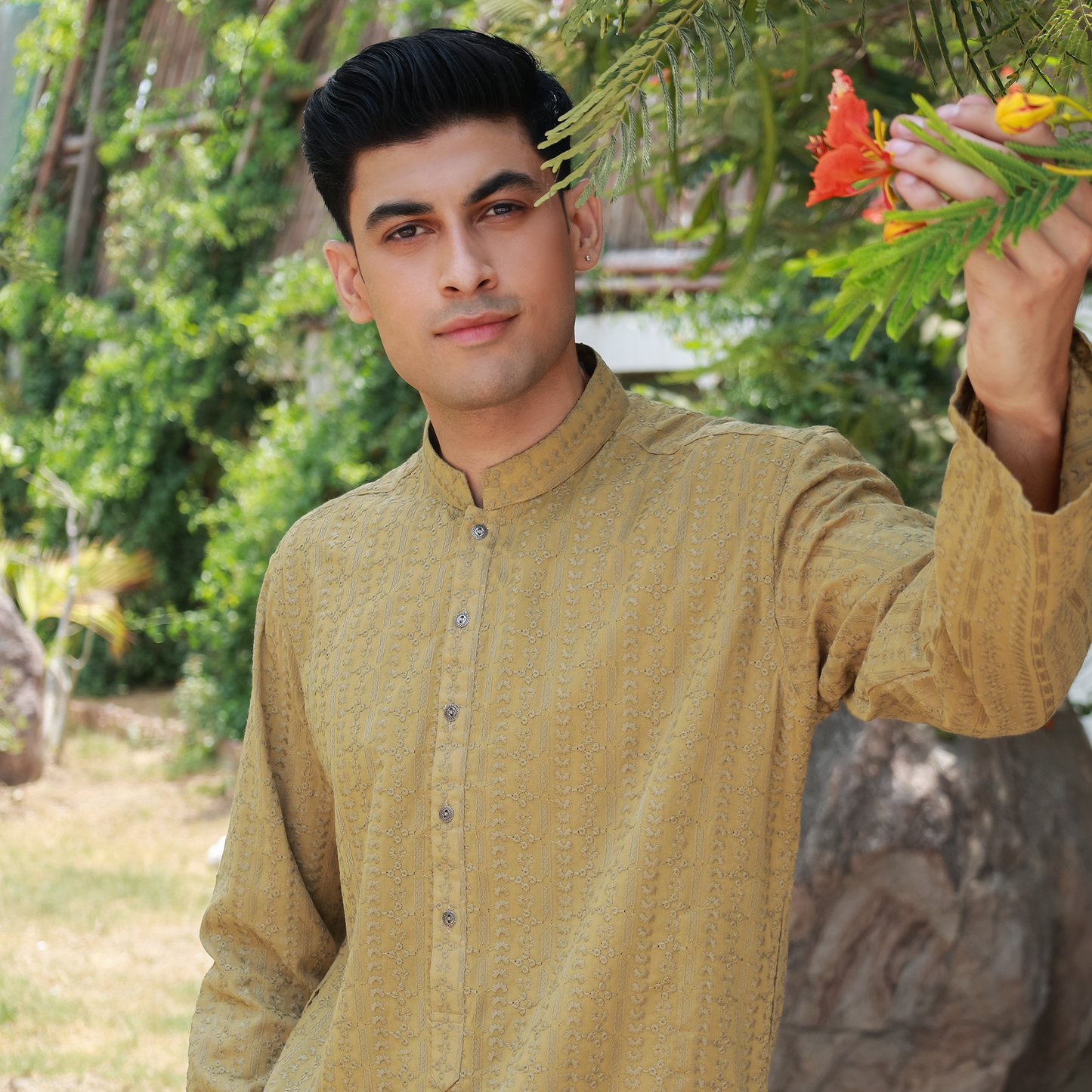 Olive Mustard Schiffli Cotton Slim Fit Kurta