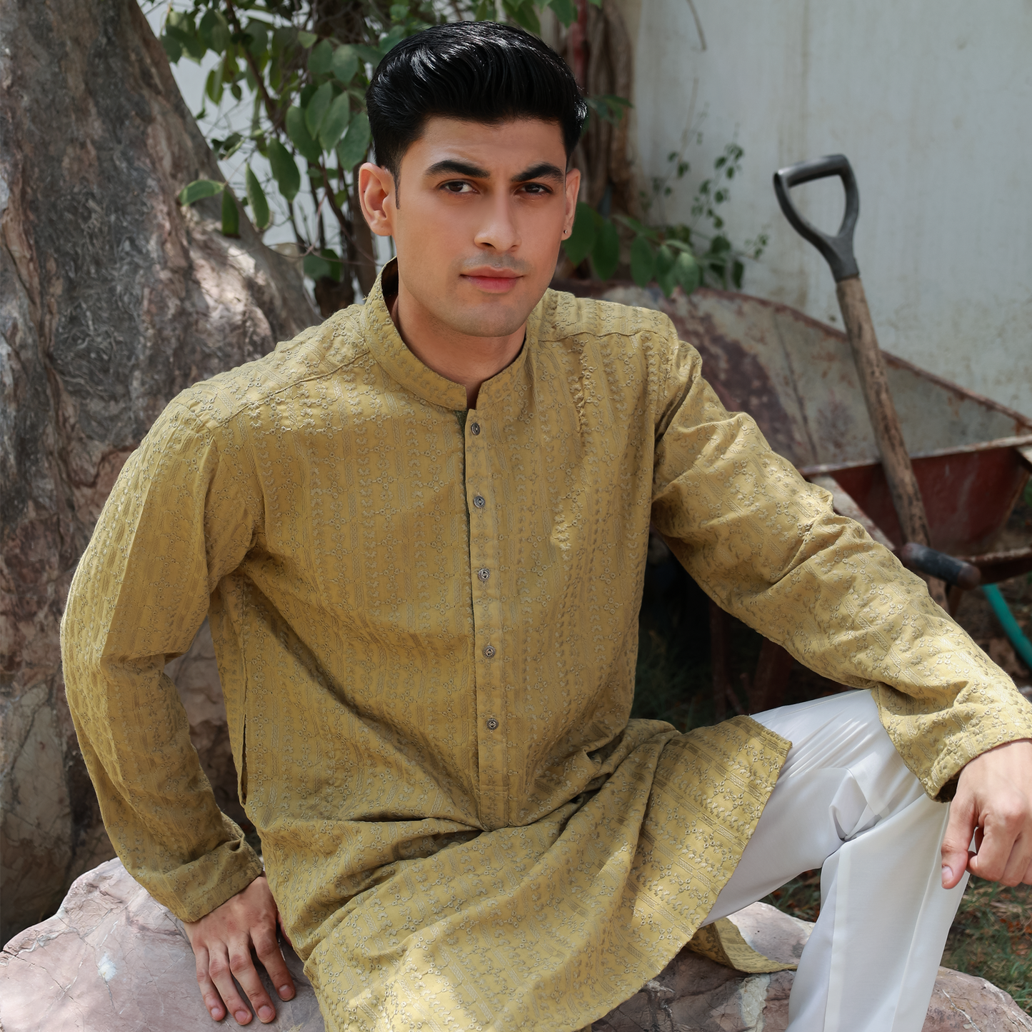 Olive Mustard Schiffli Cotton Slim Fit Kurta