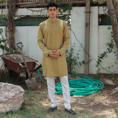 Olive Mustard Schiffli Cotton Slim Fit Kurta