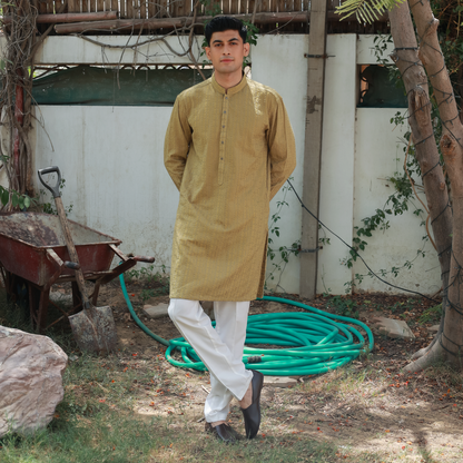 Olive Mustard Schiffli Cotton Slim Fit Kurta