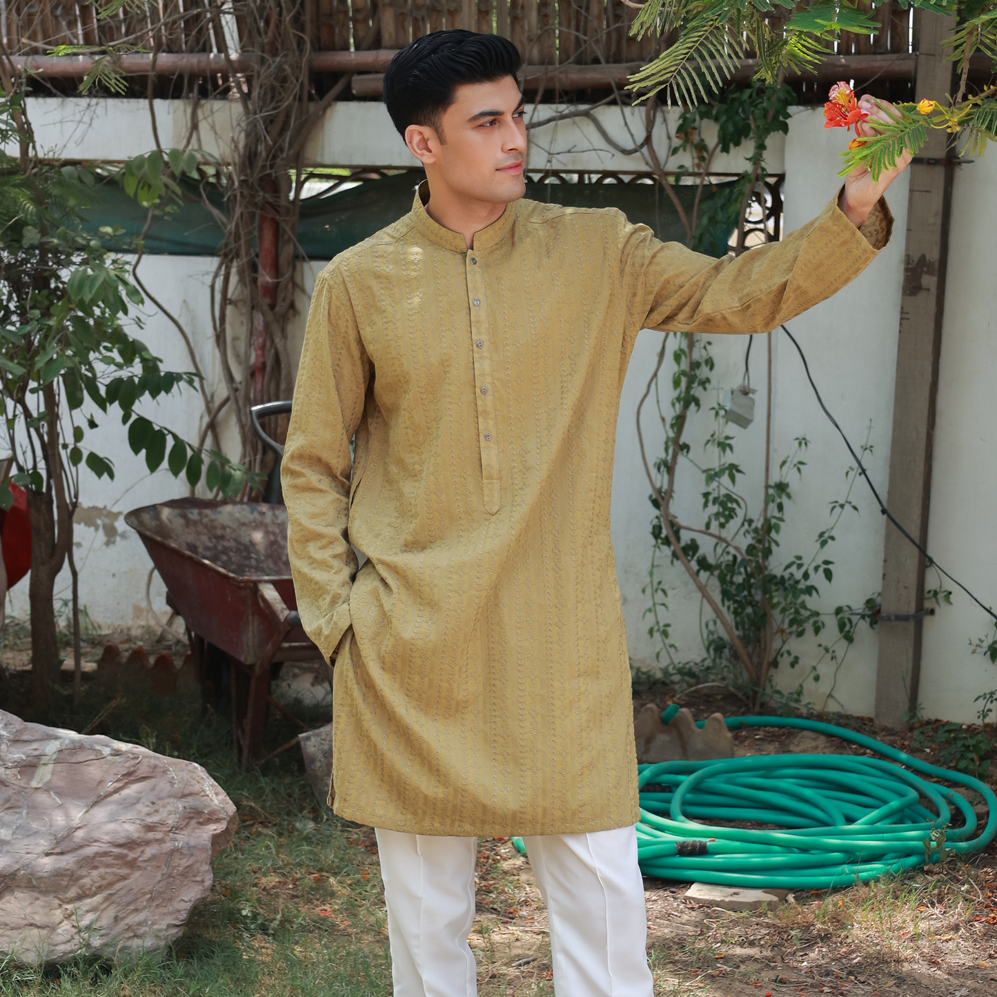 Olive Mustard Schiffli Cotton Slim Fit Kurta