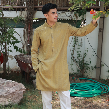 Olive Mustard Schiffli Cotton Slim Fit Kurta