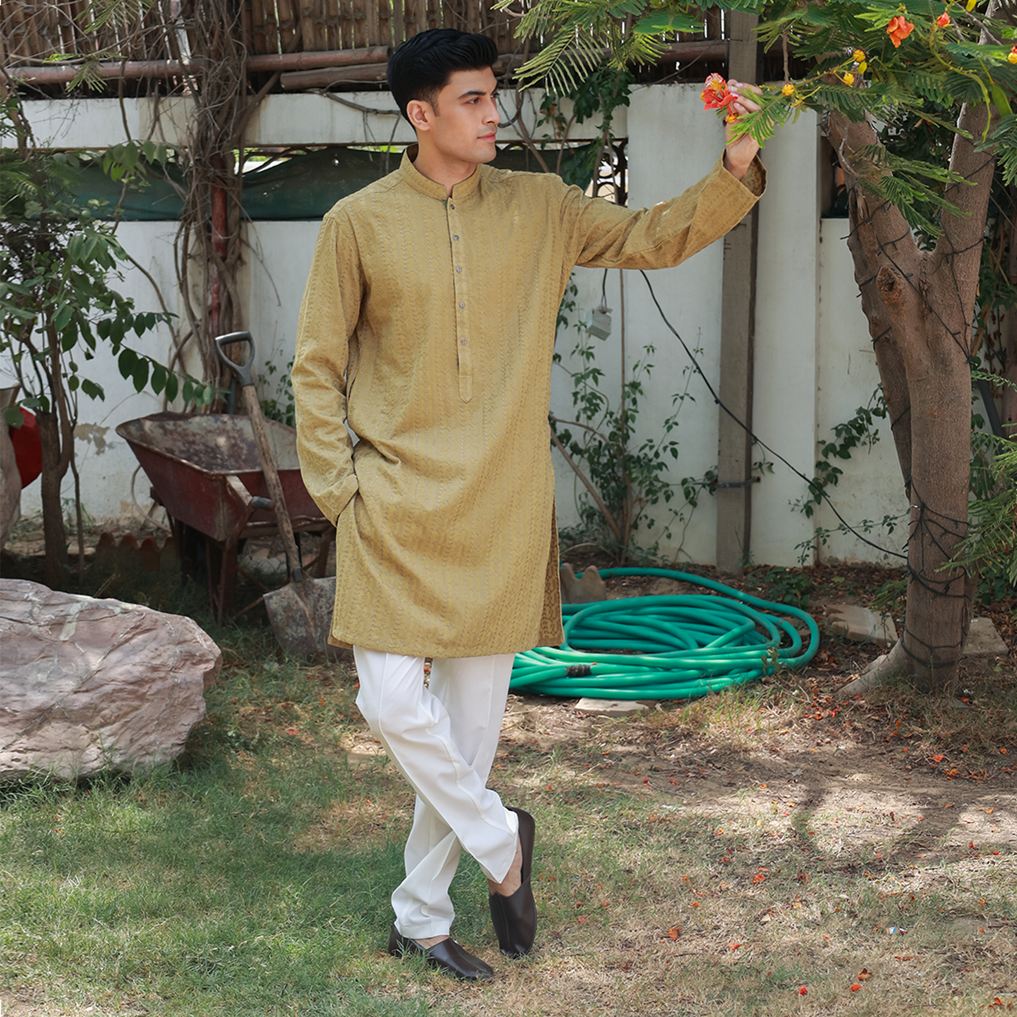 Olive Mustard Schiffli Cotton Slim Fit Kurta