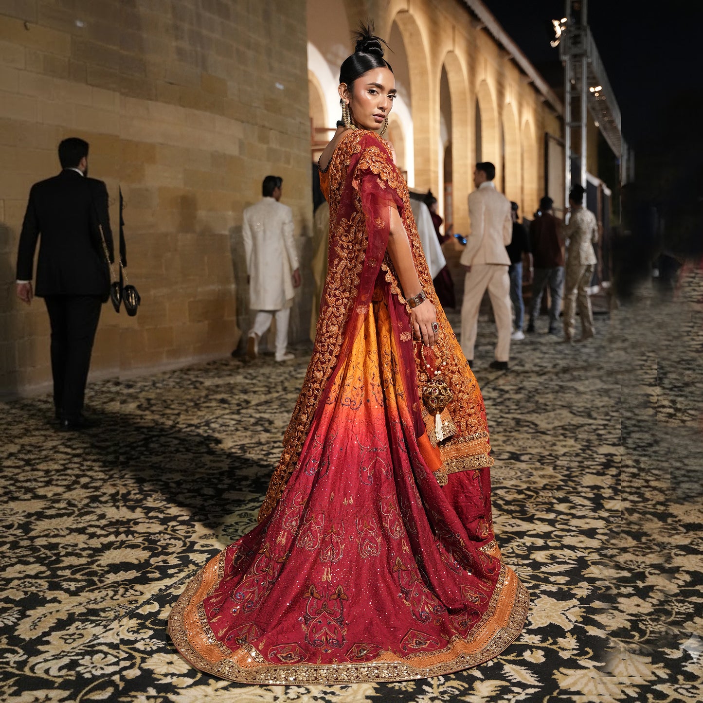 Orange Jamawar Embroidered Short Shirt with Ombre Lehenga & Net Dupatta
