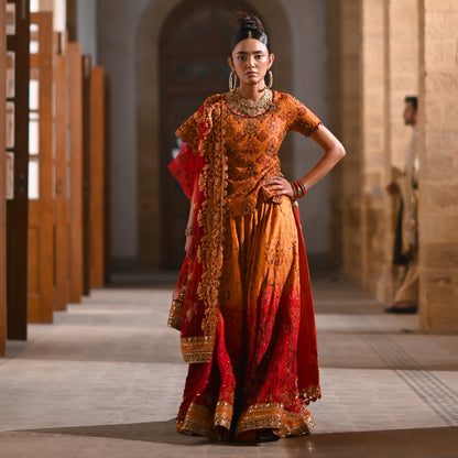 Orange Jamawar Embroidered Short Shirt with Ombre Lehenga & Net Dupatta