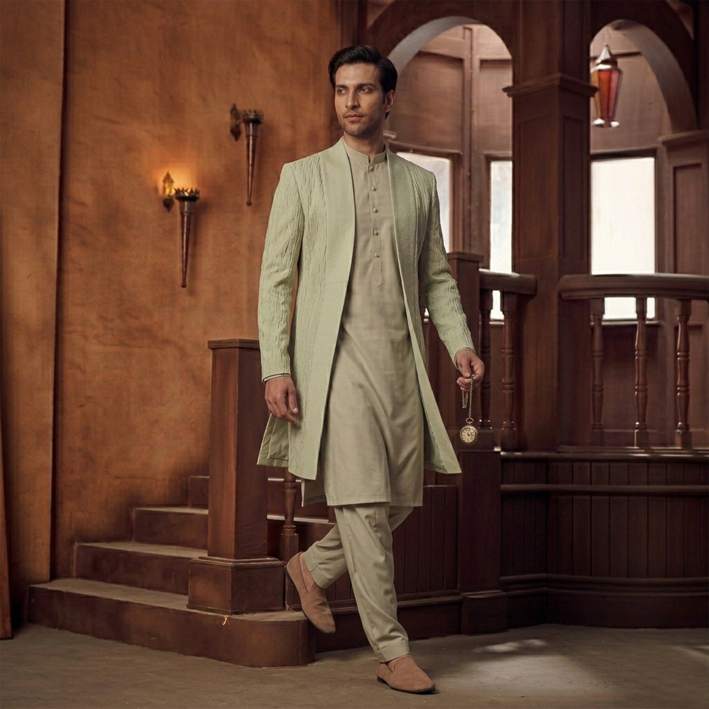 PV Band Collar Green Shewani Sleeve Suit