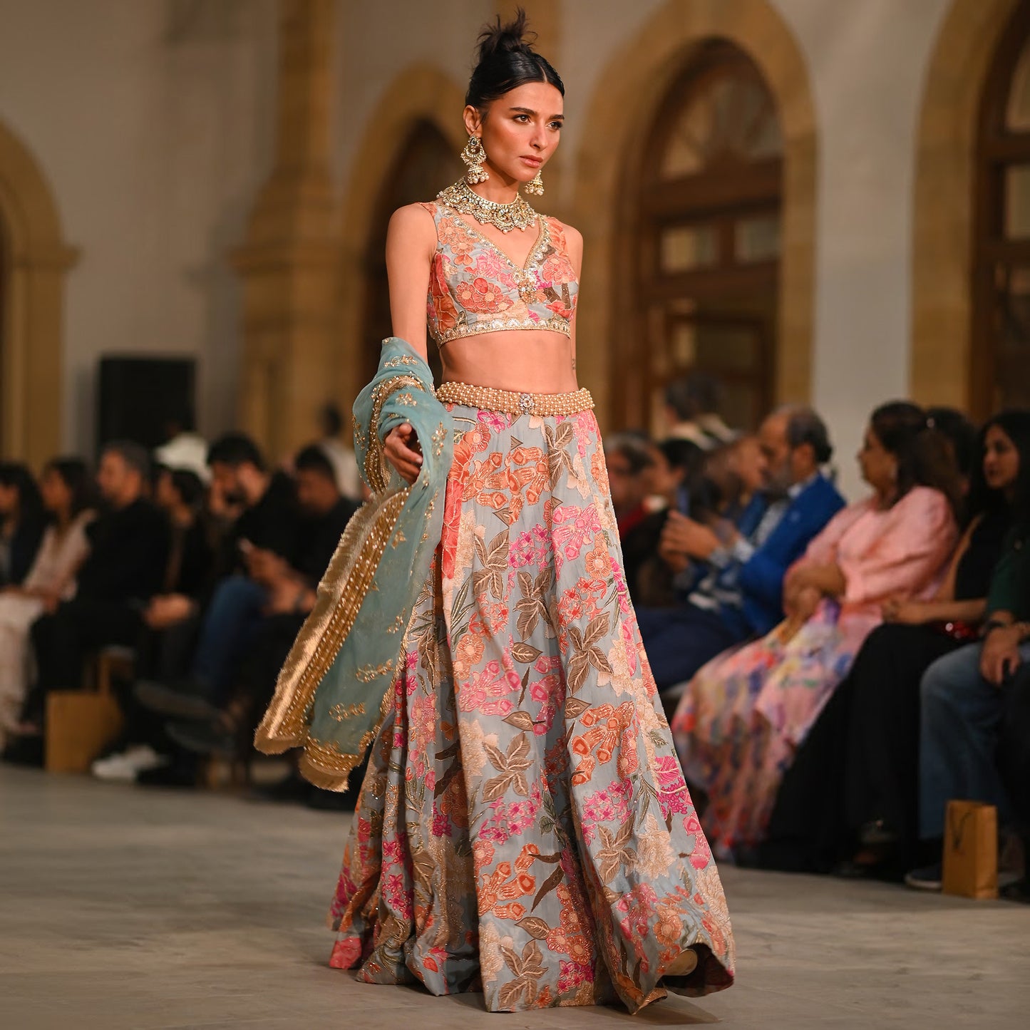 Pastel Floral Lehenga with Sweetheart Blouse