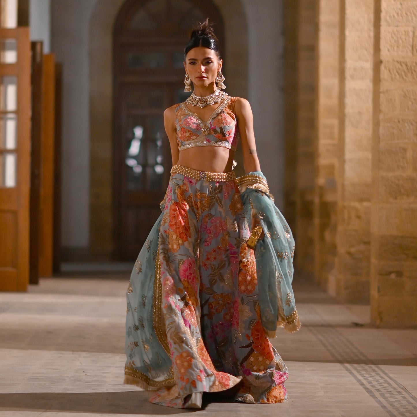 Pastel Floral Lehenga with Sweetheart Blouse