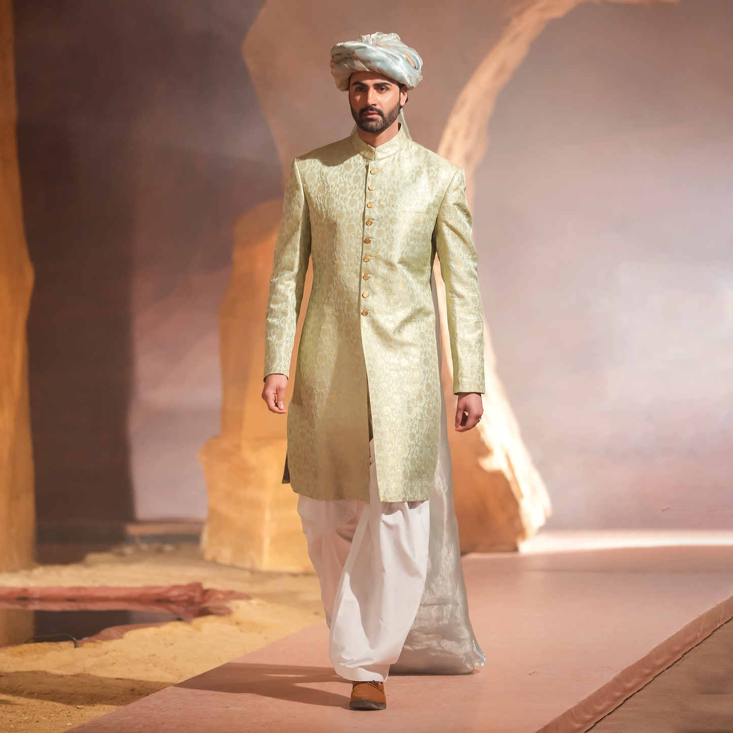 Pastel Mint Green &amp; Gold Jamawar Sherwani with Ice Blue Turban