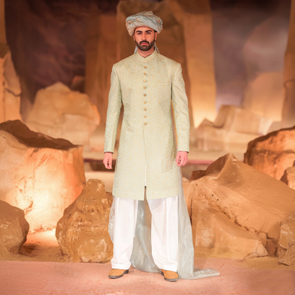 Pastel Mint Green &amp; Gold Jamawar Sherwani with Ice Blue Turban