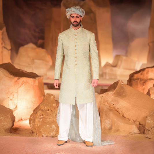 Pastel Mint Green &amp; Gold Jamawar Sherwani with Ice Blue Turban