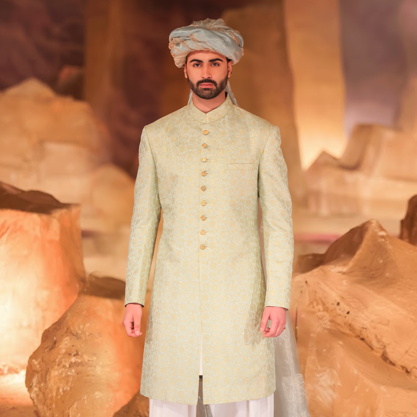 Pastel Mint Green &amp; Gold Jamawar Sherwani with Ice Blue Turban