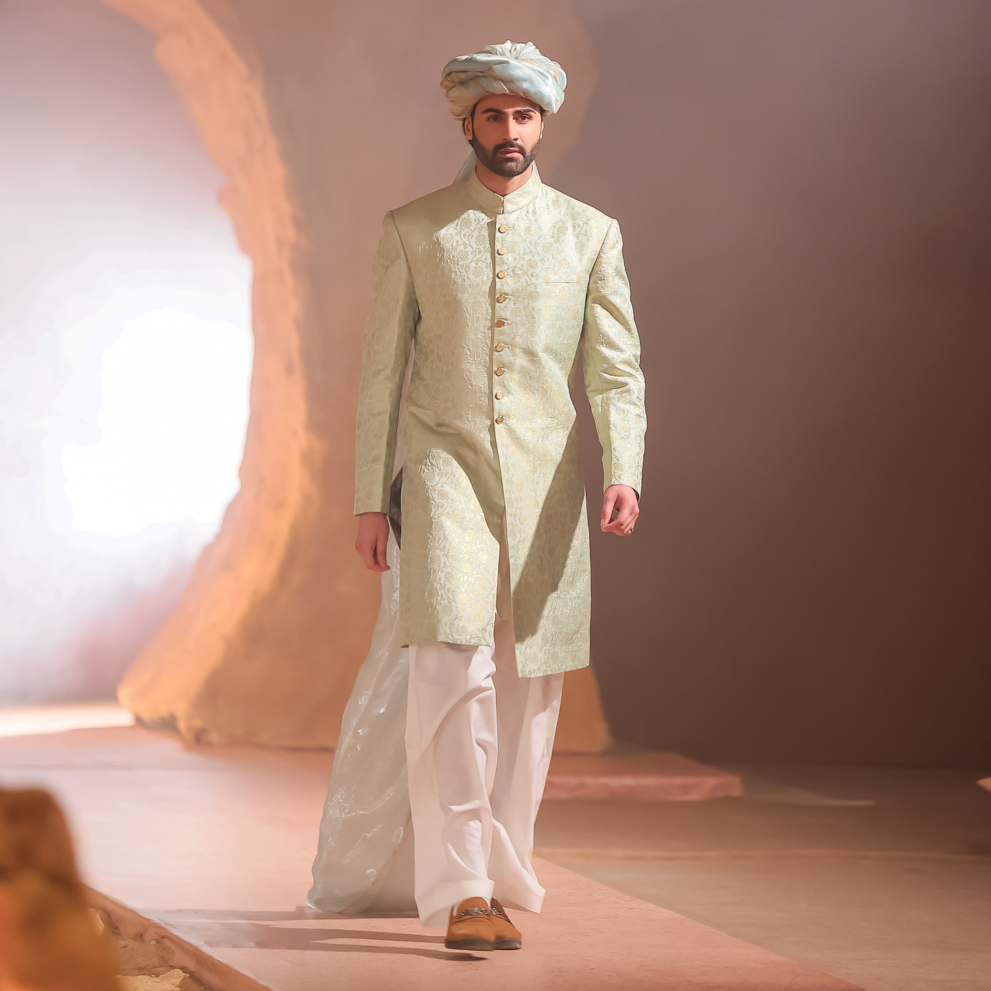 Pastel Mint Green &amp; Gold Jamawar Sherwani with Ice Blue Turban