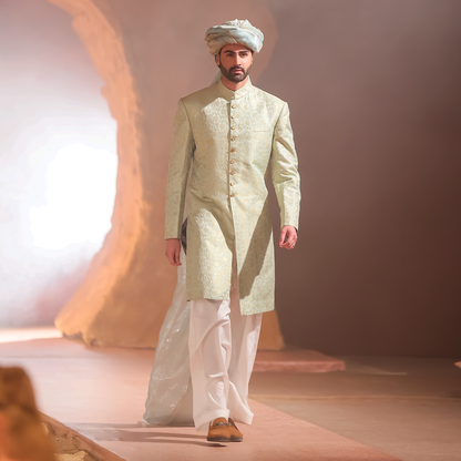 Pastel Mint Green &amp; Gold Jamawar Sherwani with Ice Blue Turban