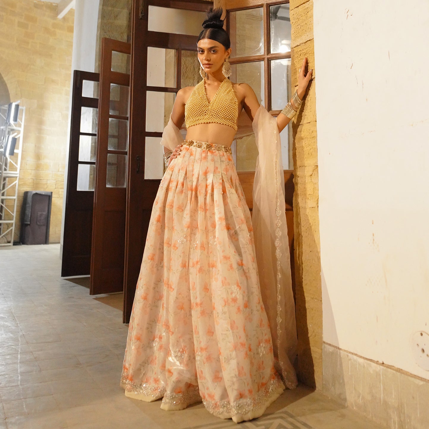 Pastel Pink Floral Shisha Silk Lehenga Set