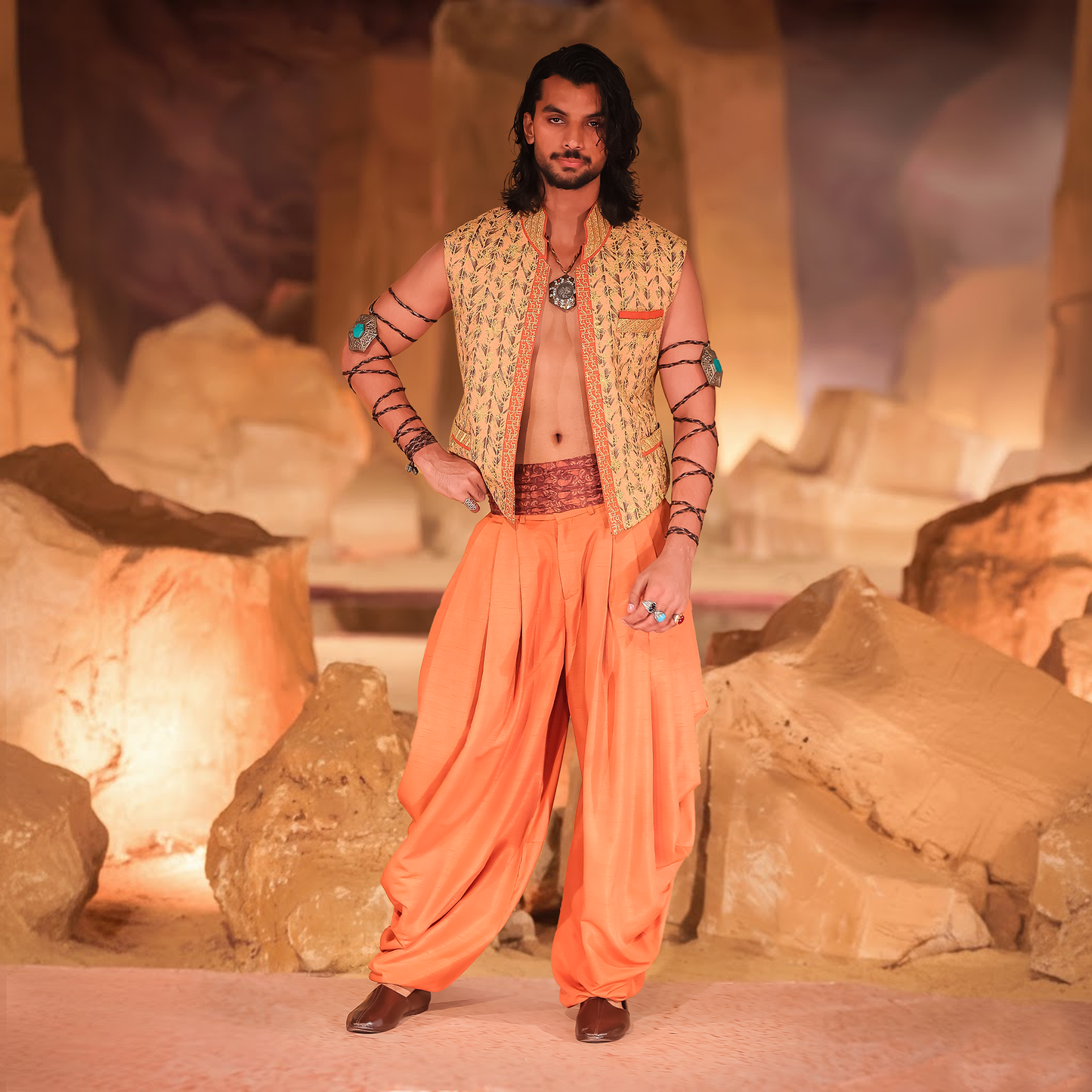 Pastel Pink &amp; Gold Embroidered Waistcoat with Rust Cowl Shalwar