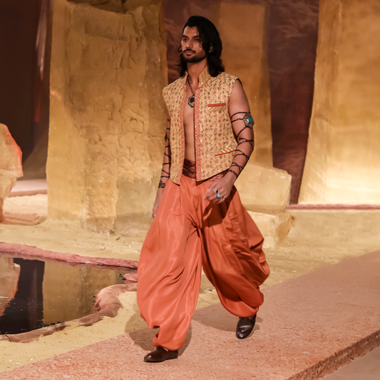 Pastel Pink &amp; Gold Embroidered Waistcoat with Rust Cowl Shalwar
