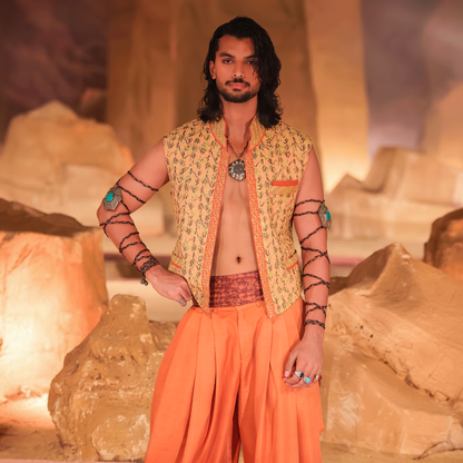 Pastel Pink &amp; Gold Embroidered Waistcoat with Rust Cowl Shalwar