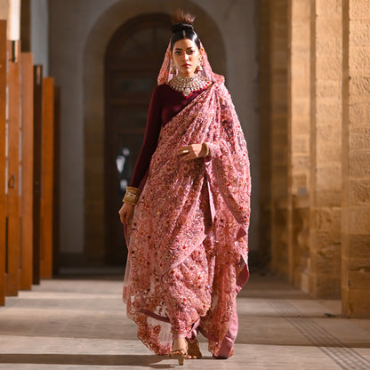 Pink Embroidered Saree with Maroon Boat Neck Blouse & Dupatta