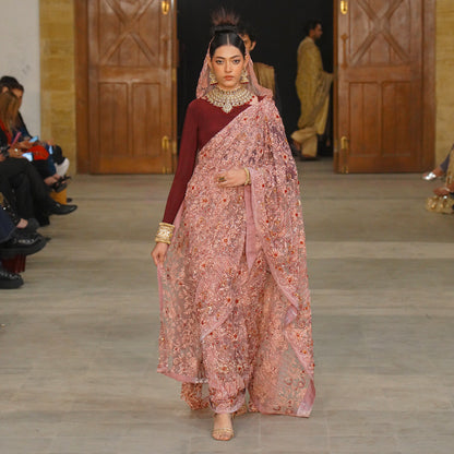 Pink Embroidered Saree with Maroon Boat Neck Blouse & Dupatta