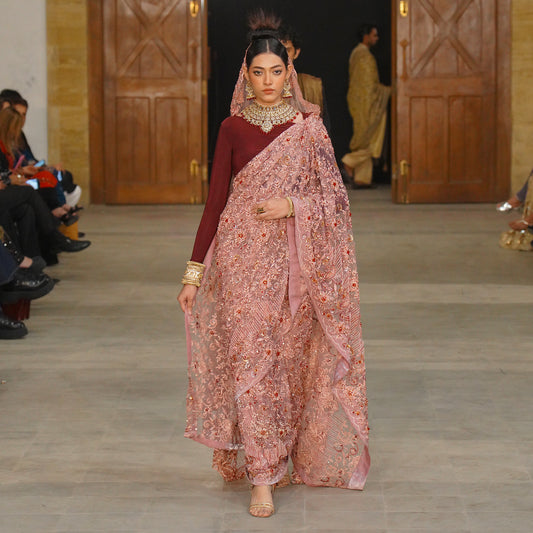 Pink Embroidered Saree with Maroon Boat Neck Blouse & Dupatta