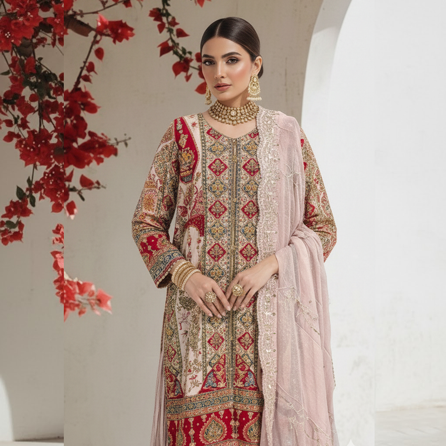 Pink Jacket Gharara Set With Dupatta