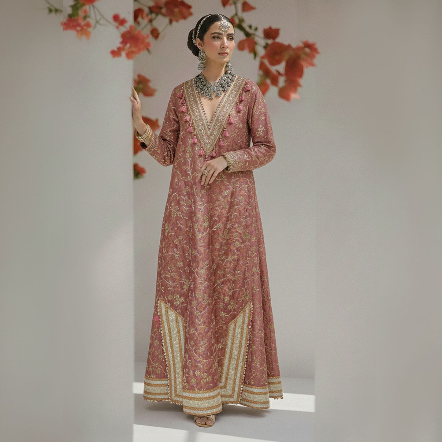 Pink Jamawar Embroidered Kaftan